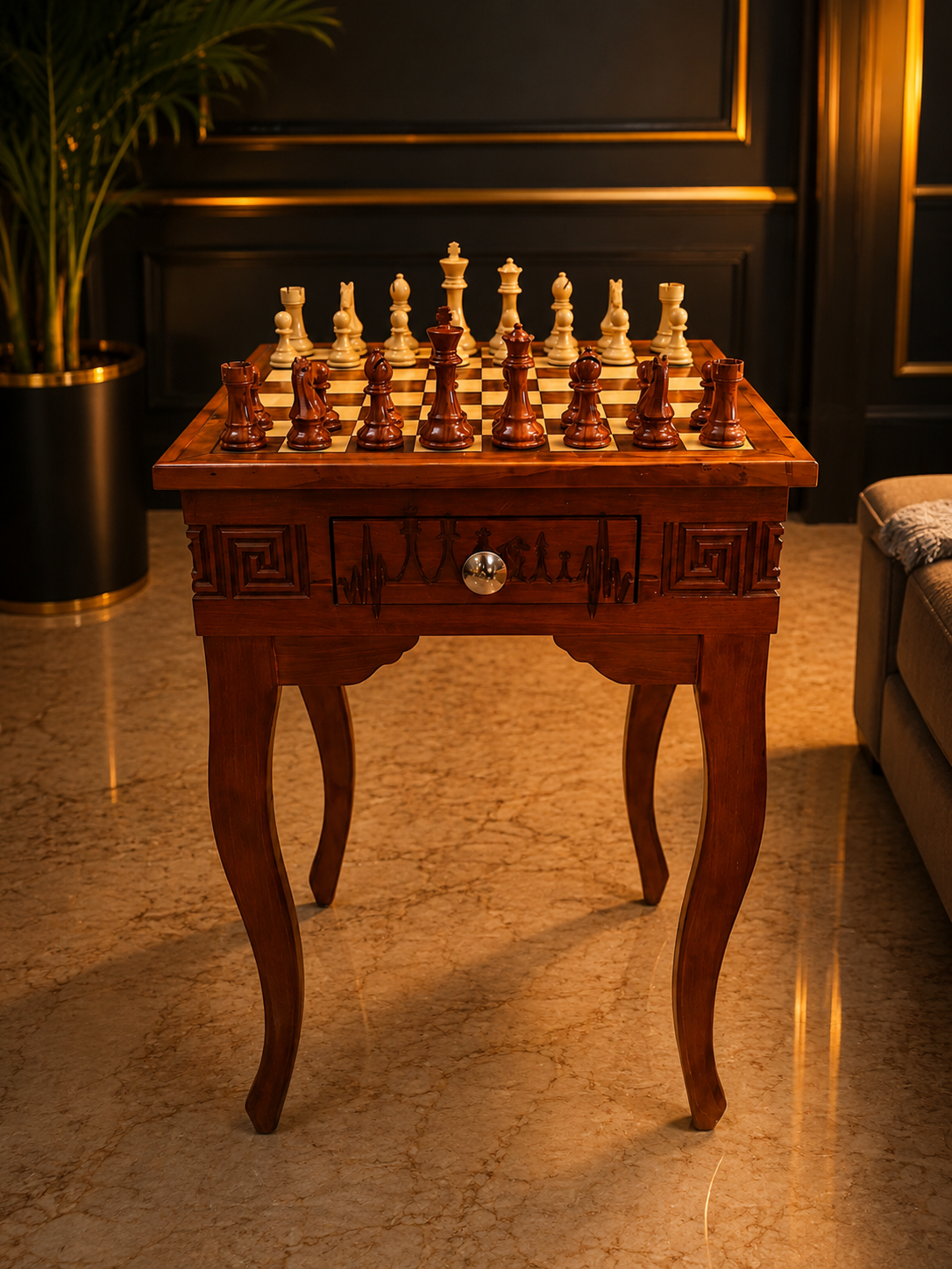 Table d'échecs Regal Chess avec pièces sculptées